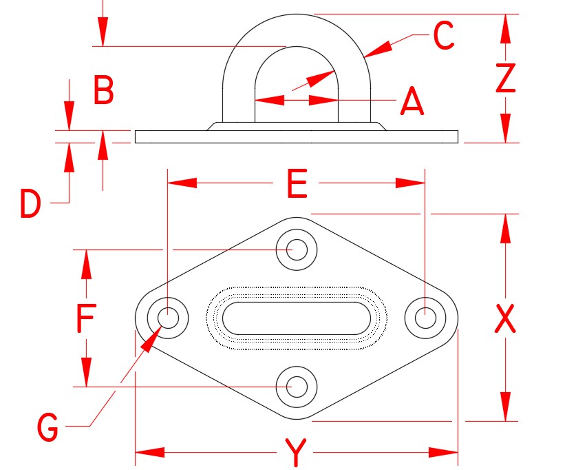 Stainless Steel Stamped Diamond Pad Eye, S3703-1002, Line Drawing Stainless Steel Stamped Diamond Pad Eye, S3703-1002, Line Drawing